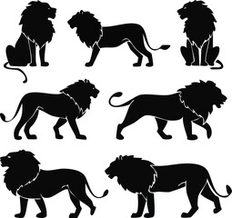 Majestic Lion Animal Silhouette Set A Collection of Elegant Black and White Lion Poses for Design Projects
