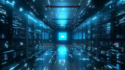 Data Center Abstraction: Futuristic digital rendering of a data center interior with server racks bathed in an atmospheric blue glow, representing the modern digital age, data processing.