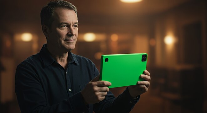 Man engrossed in a vibrant green tablet, lost in the digital world.