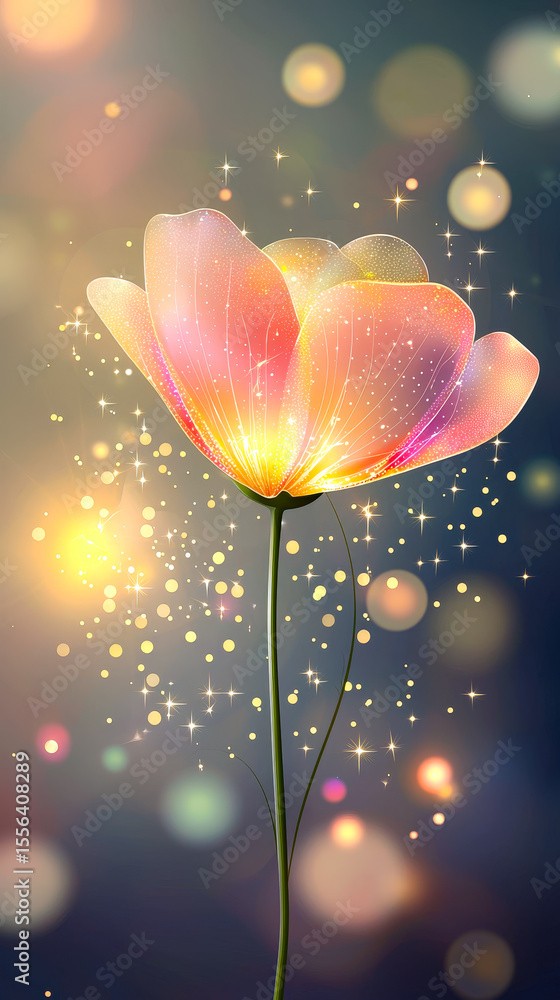 Aufkleber a vibrant flower glows with soft hues, surrounded by sparkling lights in a magical, blurred backdrop