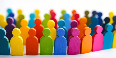 A vibrant collection of wooden figures in various colors stands closely together, symbolizing unity and diversity in a festive atmosphere