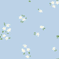 Minimal seamless pattern with tiny white flowers scattered on pastel blue background. Perfect for stationery, children's textile, eco wrapping, spring decor and light fabric design.