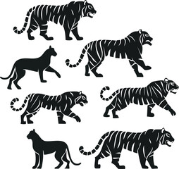 Magnificent Tiger and Cat Animals Silhouette Set A Collection of Elegant Black and White Vector Illustrations on White Background
