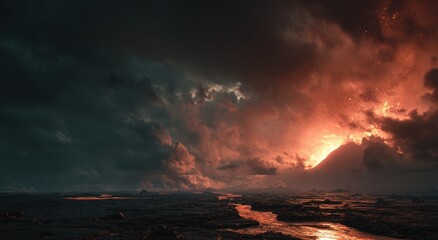 Dramatic, desolate landscape with dark, turbulent clouds and a fiery, glowing horizon