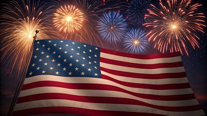 American flag with vibrant fireworks display in night sky symbolizing freedom and celebration of national pride