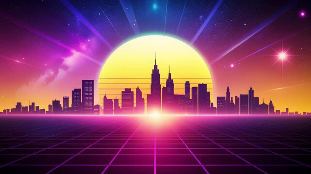 Stylized vintage animation background with a city skyline and a large yellow sun.Retro 80s futuristic sci-fi.Retrowave, synthwave or vaporwave 80's.Concept 80s 90s.