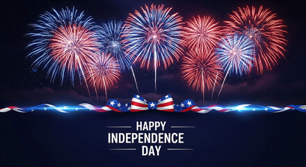 A dazzling display of red and blue fireworks explodes over a dark sky, with a festive "Happy Independence Day" banner adorned with patriotic ribbons, ideal for celebration