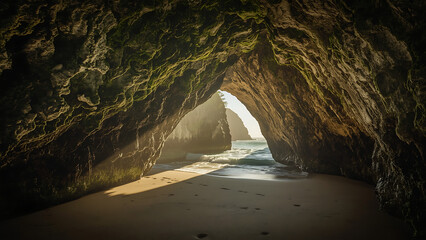 Sunlit Mediterranean cave on a rocky coastline with a view of the sea and sky