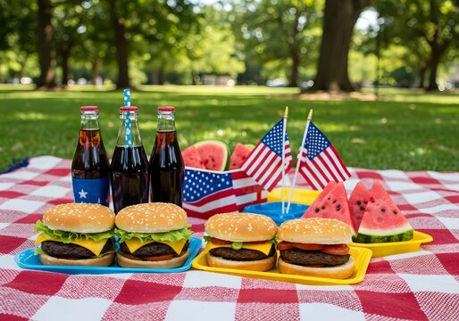 4th of July picnic setup with checkered blanket, burgers, watermelon slices, soda and flags