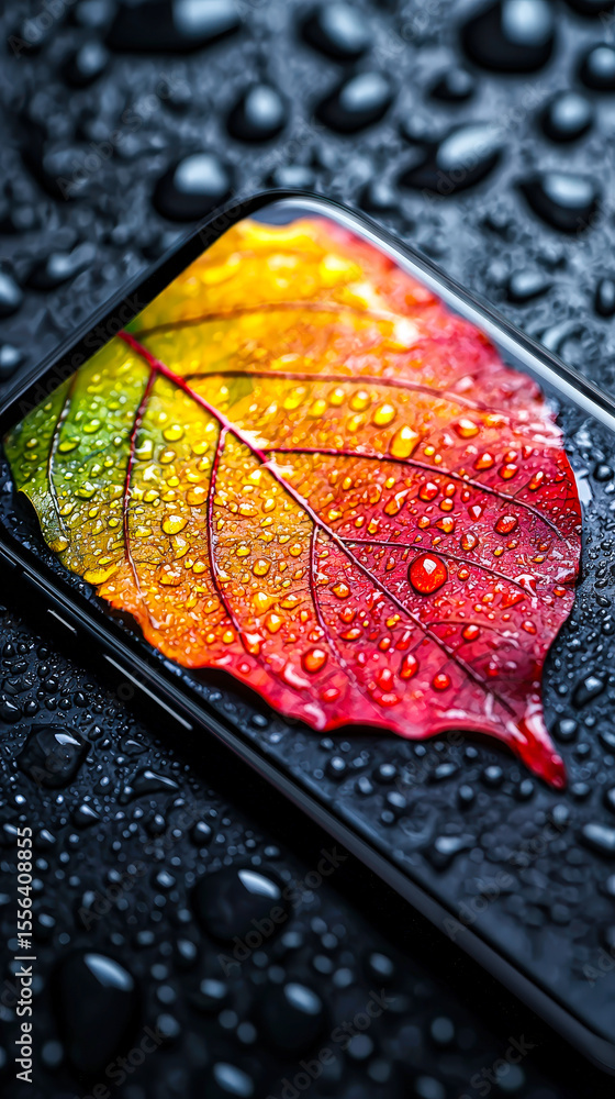 Poster a colorful autumn leaf with red and yellow hues is placed on a smartphone screen, glistening with dr