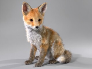 Fototapeta premium A young fox sitting upright with a curious expression on a plain light gray background