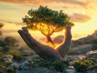 Miniature tree cradled by hand in nature