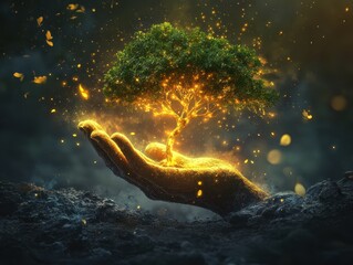 Tree of life in hand, surrounded by starburst particles