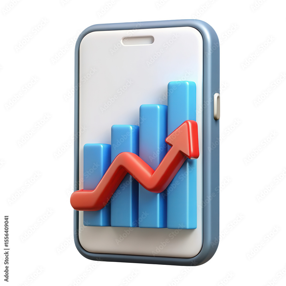 Poster 3d smartphone displaying upward trend bar chart with red arrow isolated on transparent background