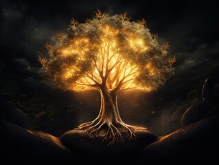 Glowing tree with roots on rocky surface
