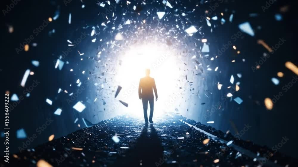 Poster silhouette of a man walking towards bright light at the end of blue tunnel with floating geometric f