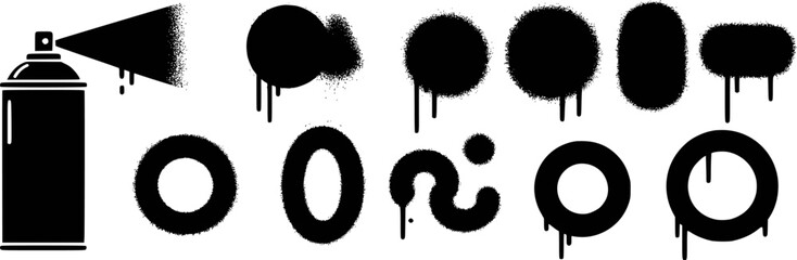 Black spray paint can and abstract shapes with drips aerosol white