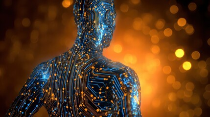 Obraz premium an abstract human with circuit board glowing blue lines on a dark orange background