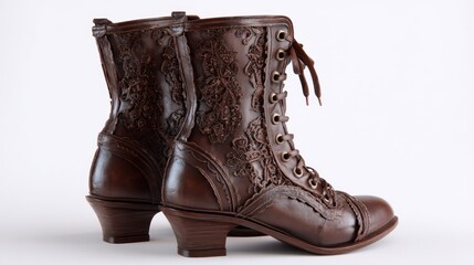 Back view of a lace-up Victorian-style boot, detailed eyelets, clean white background