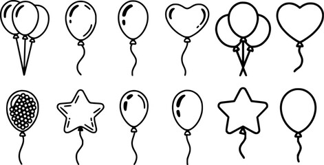 Black white line drawing of balloons and stars heart black and white © ThE MHM