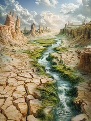 "Vivid canyon with flowing river and towering red rock formations"