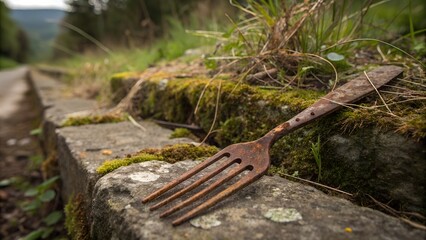 Metal fork left outdoors, rusting on a stone — nature slowly reclaiming it