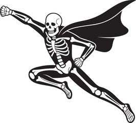 Superhero skeleton wearing a cape soaring forward