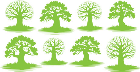 Eight green trees with detailed branches and grassy bases nature