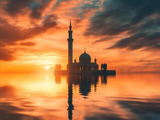 Sunset mosque silhouette on water