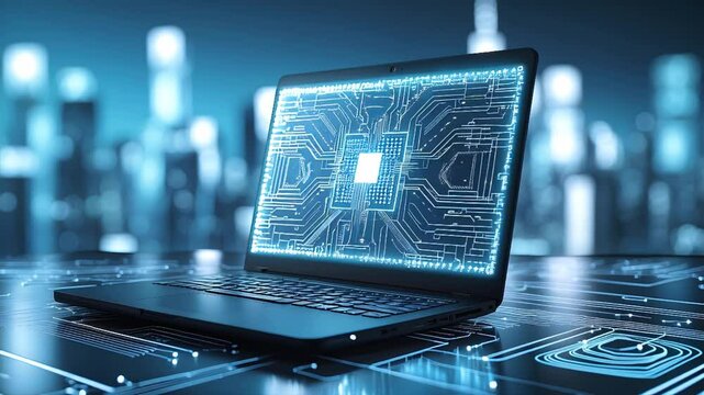 Futuristic Laptop Displaying Circuit Board Design Technology Concept Digital Transformation