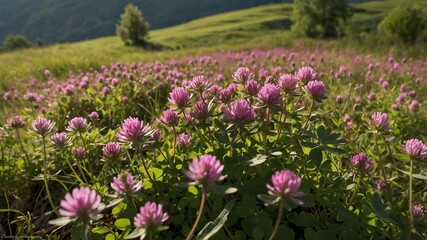 Obraz premium Vibrant Clover Field With Blooming Pink Flowers Under a Clear Blue Sky During a Sunny Day in the Mountains