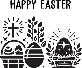 Black vector cartoon icon set illustration of vintage Easter eggs in a basket design