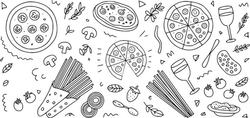 Hand drawn Italian food and drink illustration pizza pasta