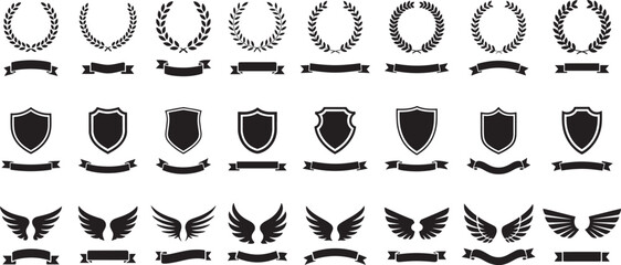 Vector Heraldry Collection: Laurels, Shields, Wings, Ribbons Black and white vector icons set