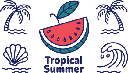 A vibrant vector illustration set of juicy tropical fruits, including watermelon slices, perfect for summer food and healthy dessert designs