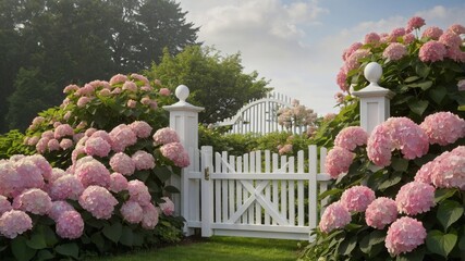 Beautiful Garden Entrance Framed by Blooming Pink Hydrangeas and a White Picket Fence on a Sunny Day in a Peaceful Neighborhood