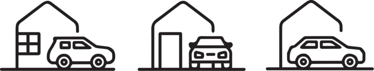 Minimalist line art of vehicles under shelters garage transport © ThE MHM