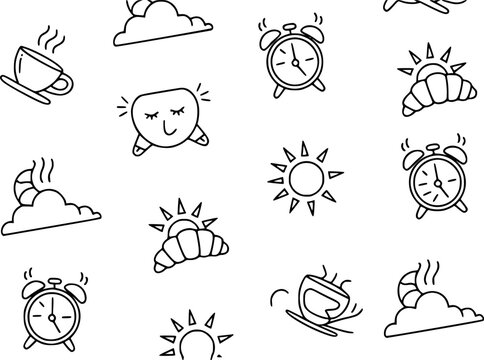 Morning coffee sun croissant alarm clock cloud pattern vector