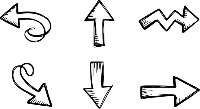 Six hand drawn directional arrows in black and white sketch