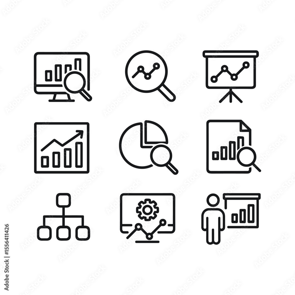 Poster data analysis vector graphics set. outline symbols. line design