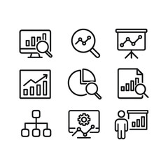 Data analysis vector graphics set. Outline symbols. Line design