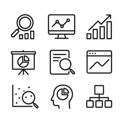 Vector analysis and research icons. Outline symbols. Line design