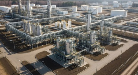Fototapeta premium Aerial view of a large gas refinery complex with storage tanks and pipelines. Industrial energy production and distribution network technology concept.