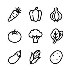 Fresh vegetable icons with healthy food symbols. Outline symbols. Line design