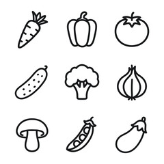 Garden vegetable icons with fresh produce symbols. Outline symbols. Line design
