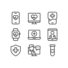 Telemedicine icons with remote healthcare symbols. Outline symbols. Line design
