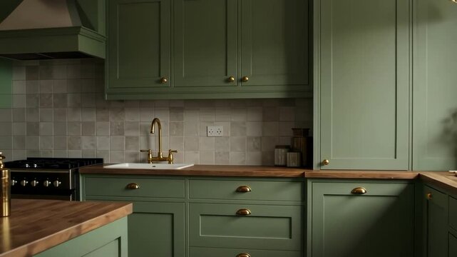 Green kitchen interior with wooden countertop and tile backsplash