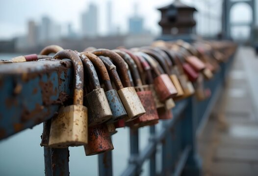 Macro photo of weathered padlocks clustered on a bridge rail, rust and scratches visible, timeless love concept, documentary style.