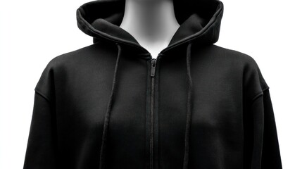 Black unisex zip-up hoodie displayed on an invisible mannequin, centered and isolated for apparel mockup