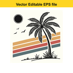Fototapeta premium Retro Palm Tree Sunset Graphic Vintage Tropical Design Silhouette Illustration Vacation Vibes Island Getaway Nature Inspired Vector Art